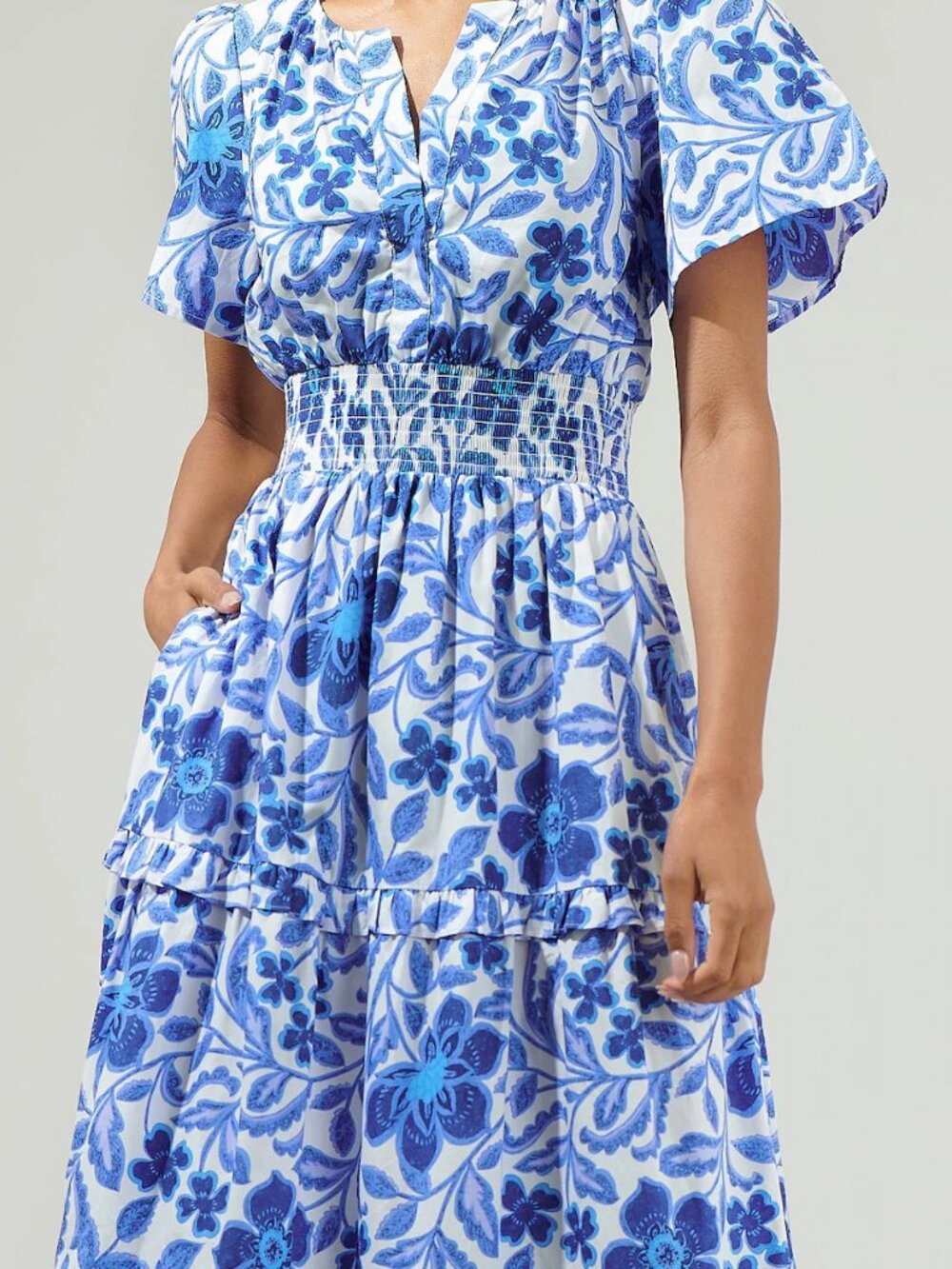 Sugarlips Celeste Floral Palmer Poplin Tiered Maxi Dress - White/Blue Combo - Picture 4 of 4